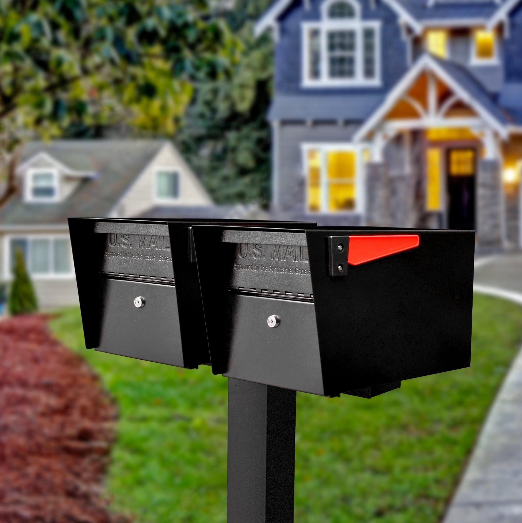 Mail Manager X2 Locking Mailbox Combo Kit with In-Ground Post, Black, 2 Compartment High Security Cluster