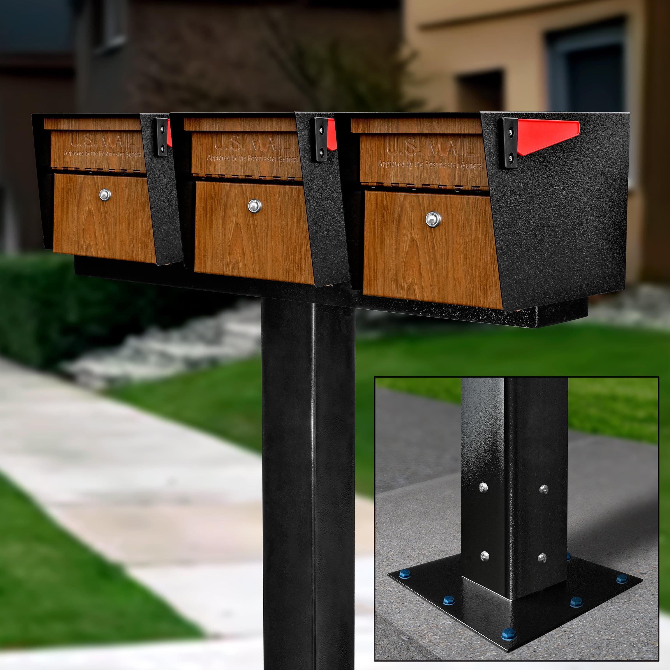 Extra Large Wood Grain and Black Locking Post-Mount Mailbox Set