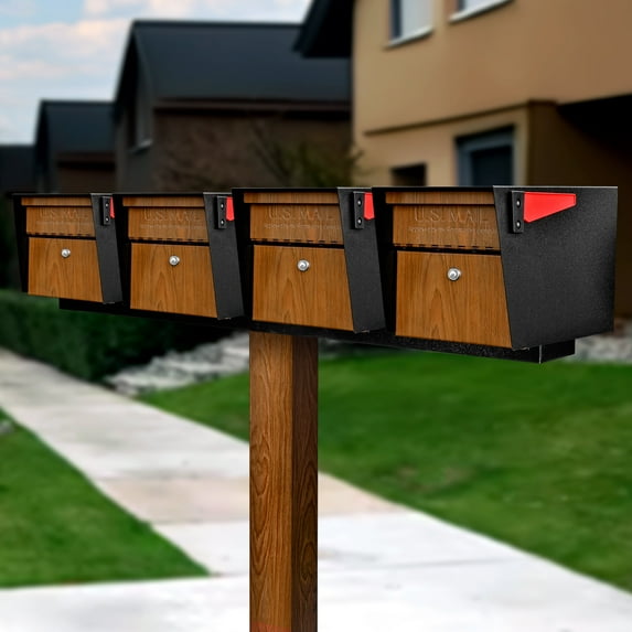 Mail Manager X4 Locking Mailbox Combo Kit w/ In-Ground Post, Wood Grain & Black, 4 Way Multi Mount High Security Cluster
