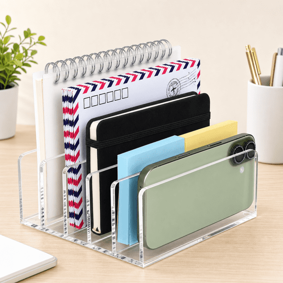 Mail Organizer, Acrylic Desk Organizer, Acrylic File Organizer, Vertical File Organizer, Letter Organizer, Countertop Envelope Organizer, 5 Compartments Clear Sorter for Home Office Storage