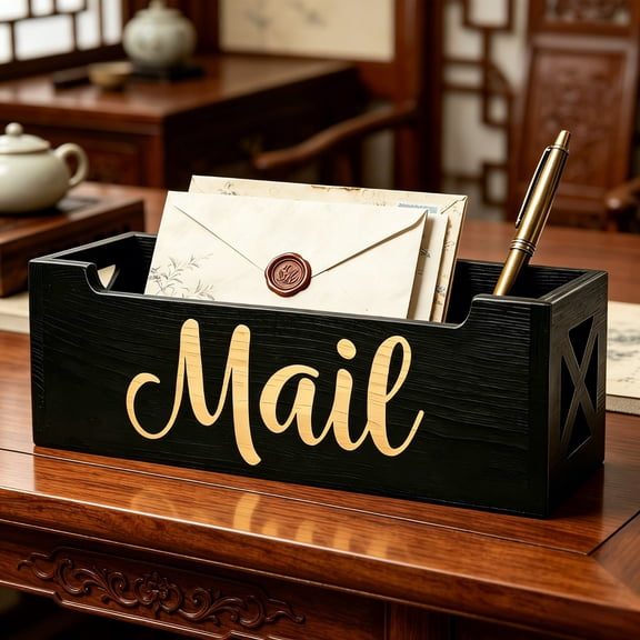 Mail Organizer Desktop Letter Holder Box - Wooden Mail Sorter Cabinet, Tiered Slots for Letters Documents Magazines, Home Office Entryway Countertop Desk Organizer
