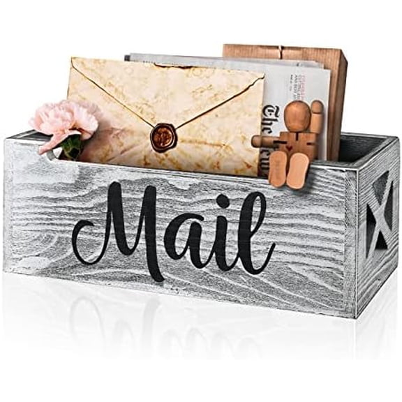 Mail Organizer Holder Countertop, Rustic Wood Mail Basket Storage Tray Letter Holder for Office Desk Wall Mount - Grey