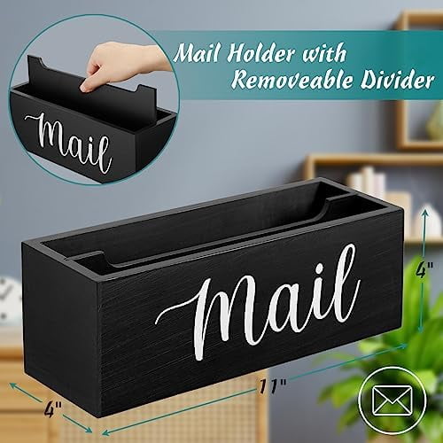 Mail Organizer, Mail Holder with 2 Slots, Mail Basket for Wall Table Countertop, Wood Desk Mail Organizer, Black Envelope Holder for Home Office Decor