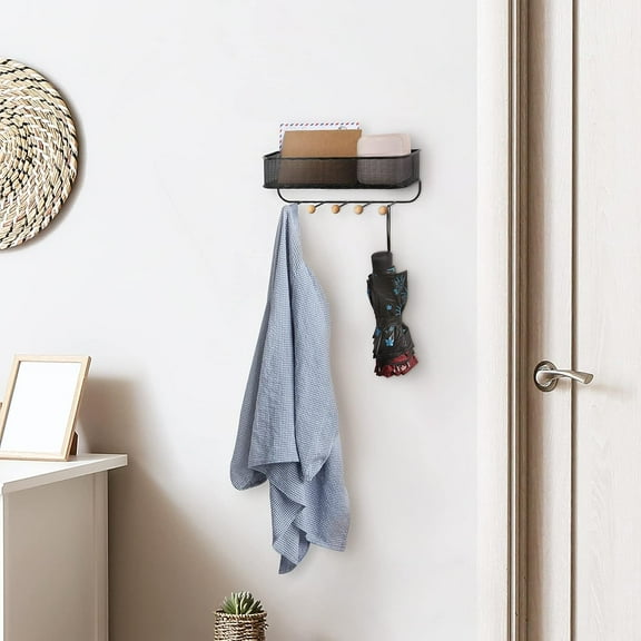 Mail Organizer Wall Mount Key and Mail Holder for Wall Decorative with 5 Key Hooks Mail and Key Rack Hanger Metal Wire Mesh Storage Basket for Entryway Letters Magazine Bills Leashes Coat - Black