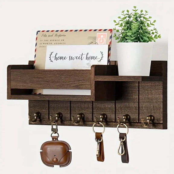FORICOM Mail Organizer Wall Mount, Rustic Wood Key Holder with Shelf and Hooks, Entryway Letter Holder, Farmhouse Hallway Decor, 12 x 4.7 x 3.1 Inches, Brown, Flush Mount Hardware Included