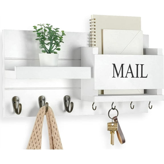 Mail Organizer for Wall Mount Key Holder with Shelf Includes Letter Holder and Hooks for Hallway Farmhouse Decor Rustic Wood with Flush Mounting Hardware (16.5 x 9.1 x 3.4) (White)