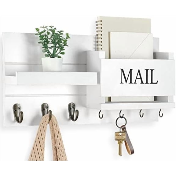 Mail Organizer for Wall Mount – Key Holder with Shelf Includes Letter Holder and Hooks for Hallway Farmhouse Decor – Rustic Wood with Flush Mounting Hardware (16.5” x 9.1” x 3.4”) (White)