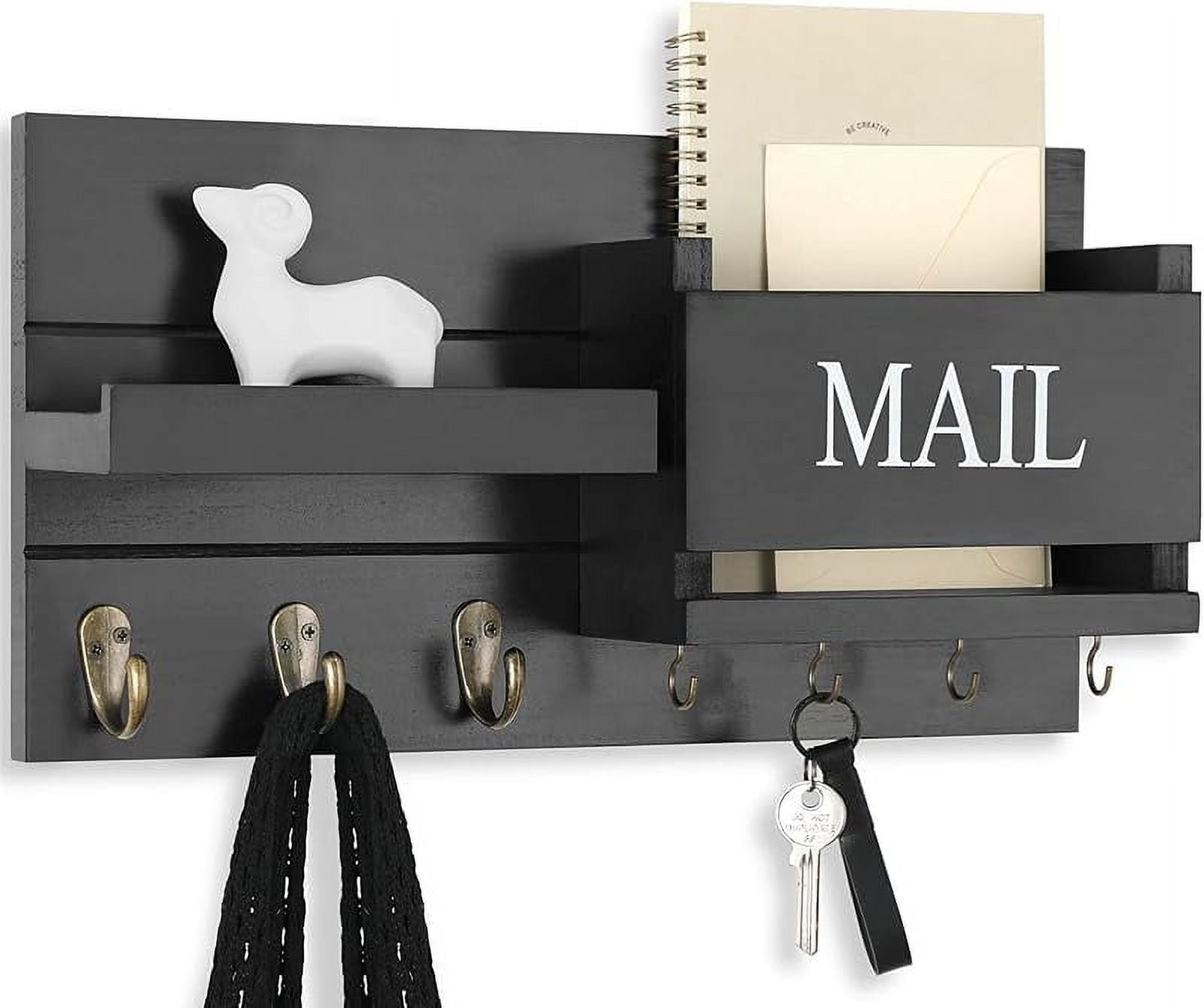 Black Rustic Wood Wall Mount Mail Organizer with Hooks