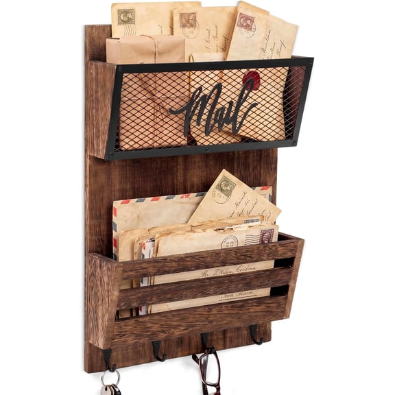 Mail Organizer Wall Mount with Key Hooks, 2-Slot Mail and Key Holder, Rustic Wall File for Entryway, Letter and Bill Sorter Organizer for Files, and Magazines