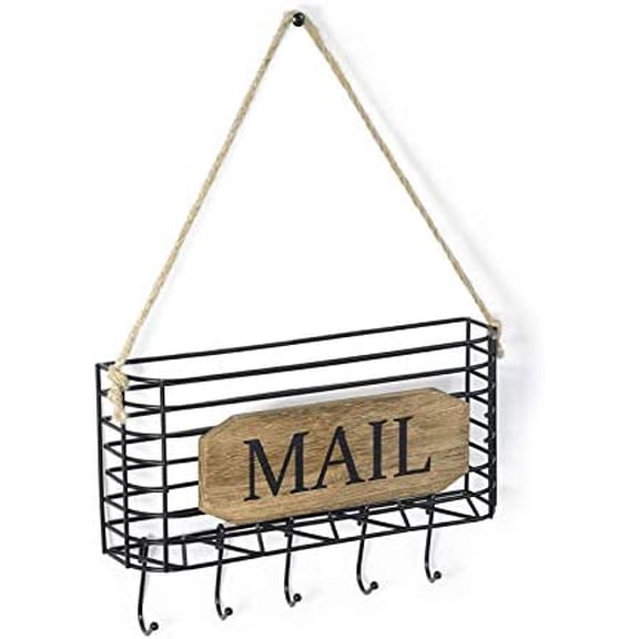 Mail Organizer Wall Mount, Rustic Mail Holder Key Holder for Wall with Hooks, Small Size, Carbonized Black