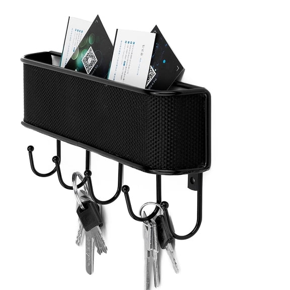 Mail Organizer Wall Mount Storage Sorter with 5 Hooks, Modern Metal Woven Rack for Home Entryway, Kitchen - Hanging Letter, Bill, Mail, and Key Holder