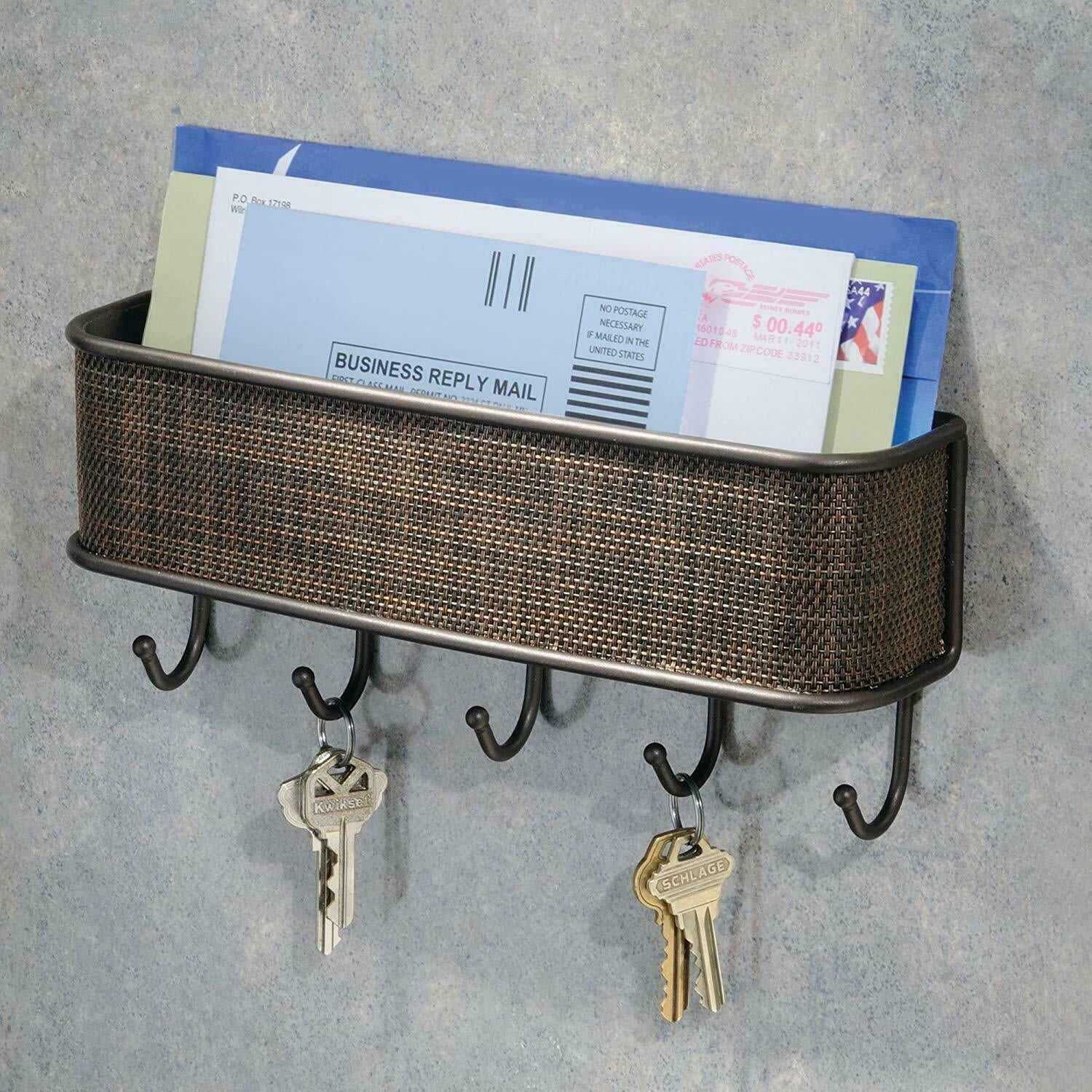 Mail Organizer Wall Mount Storage Sorter with 5 Hooks, Modern Metal ...
