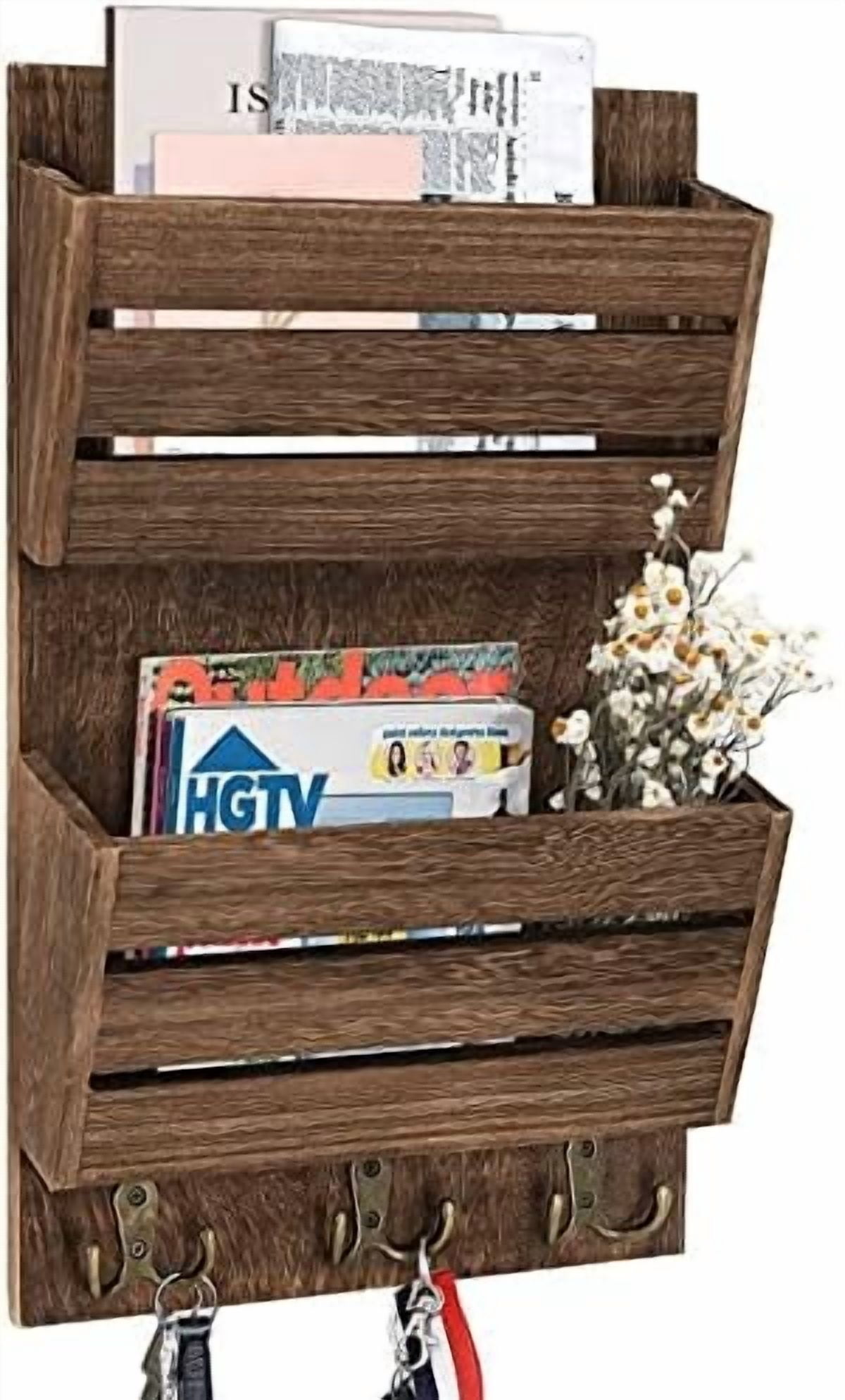 Mail Organizer with 4 Hooks, Rustic Brown Wall Mount, Cedar Wood Key ...