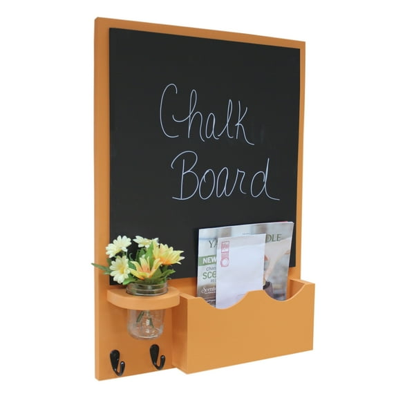 Mail Organizer with Large Slot, Chalkboard, Key Hooks & Mason Jar