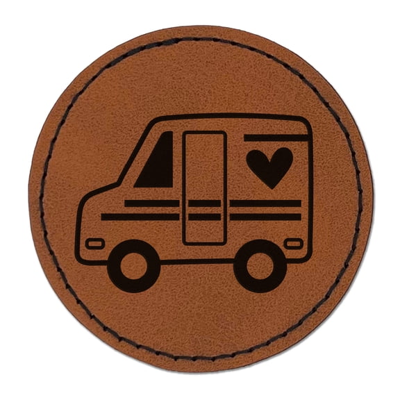 Mail Shipping Delivery Truck with Heart 2.5" Faux Leather Round Engraved Iron-On Patch - Brown