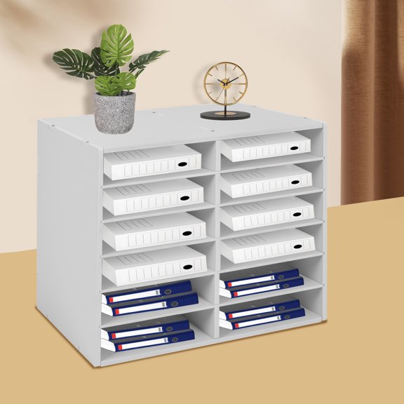 Mail Sorter Desktop File Organizer PVC 12 Compartment Open Shelf Large Capacity White Removable Divider Storage Rack Heavy Duty for Office School Home 19.3 x 12 x 16 in