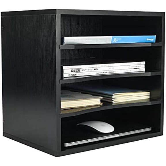 Mail Sorter Organizer, Wood Countertop Literature Organizer, Office Supplies Desktop File Bill Paper Organizer for Office Home School, 4 Compartments, Black