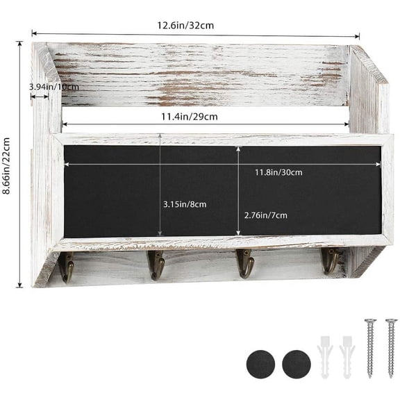Mail Sorter Wall Mount Mail & Key Holder Organizer With With Chalkboard Surface, 4 Key Hooks, Rustic Brown-White