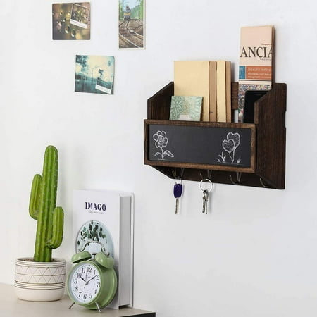 Wood Mail Sorter Wall Mount Mail & Key Holder Organizer with Chalkboard Surface, 4 Key Hooks (Brown)
