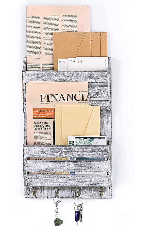 Mail Sorting rack,2 mail and key chain storage bags with 4 Key hooks, Rustic White-Gray