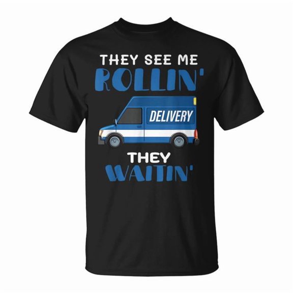 Mail Worker They See Me Rollin' Graphic Tee Unisex Adult Cotton Shirt for Postman or Mail Carrier, Funny Postal Service Outfit, Humorous Gift Idea for Delivery Workers, Size S, Color Black