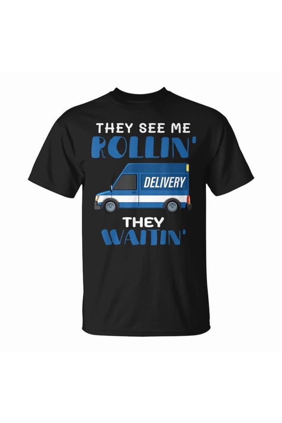 Mail Worker They See Me Rollin' Graphic Tee Unisex Adult Cotton Shirt for Postman or Mail Carrier, Funny Postal Service Outfit, Humorous Gift Idea for Delivery Workers, Size S, Color Black