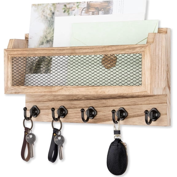 Mail and Key Holder for Wall Decorative, 11 Inch Wooden Wall Key Organizer with 5 Key Hooks, Wall Mount Storage Shelf for Entryway Hallway (Wood)