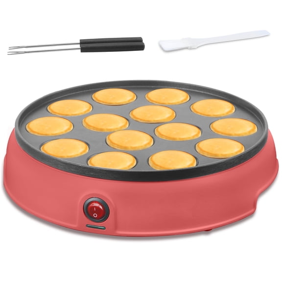 Mailand 1.8 Inch x14 Holes Mini Pancakes Maker Machine, Dutch Mini Pancake Griddle, Non-stick Poffertjes Pan, 2 x Forks Included, Red