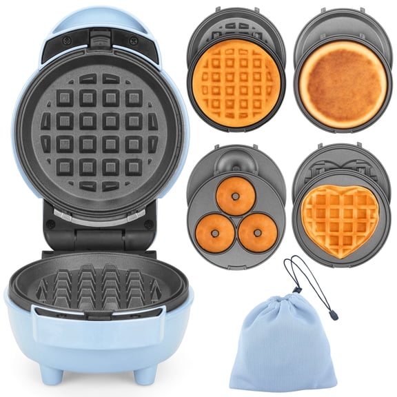 Mailand 4 in 1 Waffle Maker Set, Mini Pancakes, Mini Donuts, Mini Heart Shape Waffle, Removable Plates, Blue