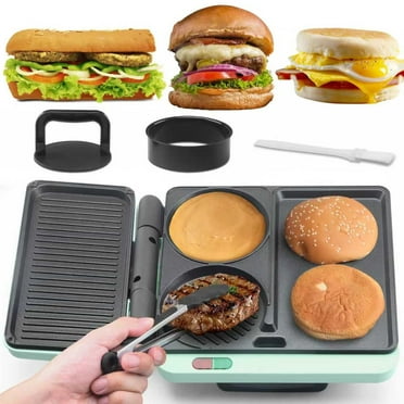 Mailand Breakfast Sandwich Maker, 3 in 1 Breakfast Station, Nonstick Electric Griddle & Grill Combo, Make Egg Muffin Sandwiches Burgers Hot dogs & Pancakes, Burger Press, Tong & Brush Included, Aqua