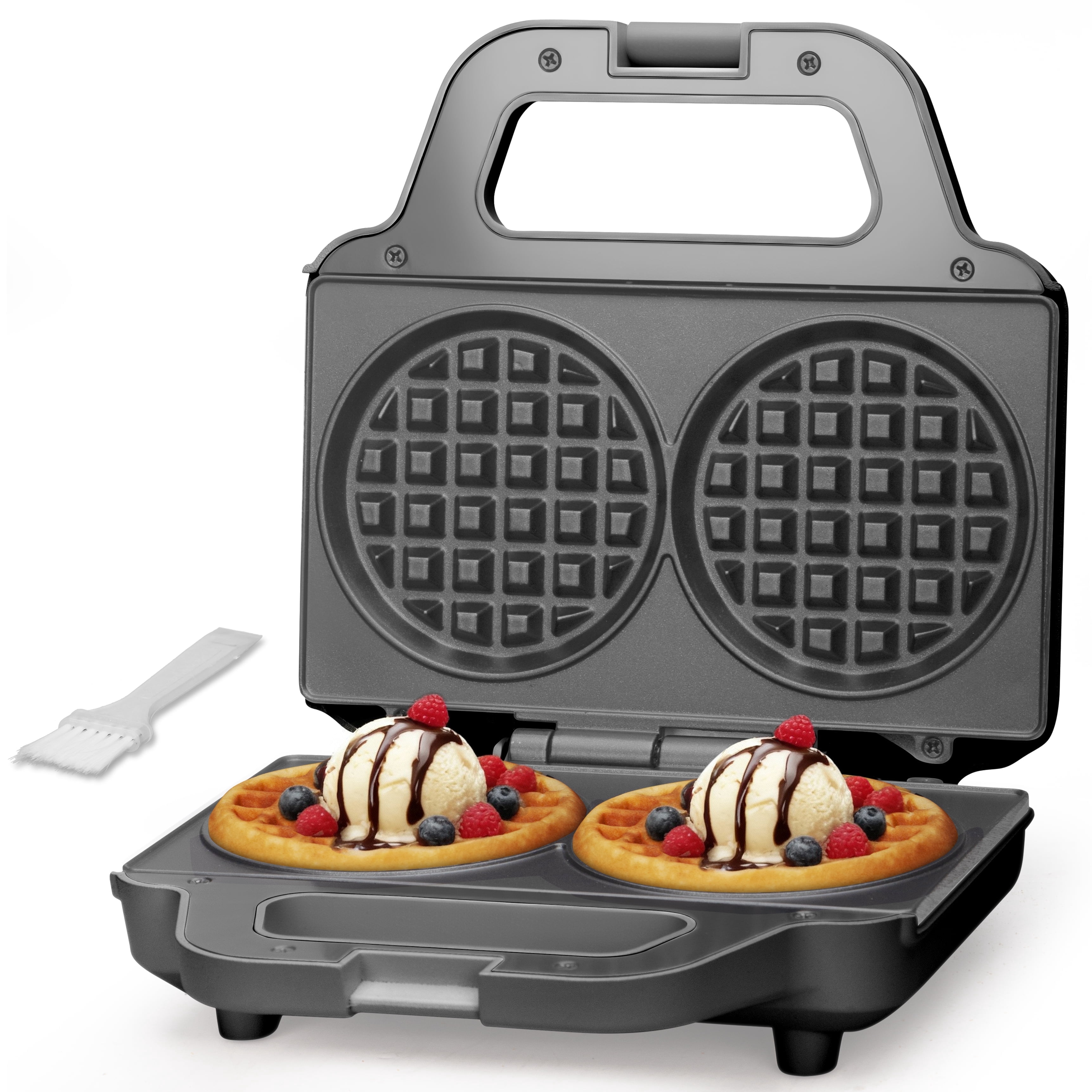 Mailand Graphite Electric Double 4-inch Round Waffle Maker with Cleaning Brush