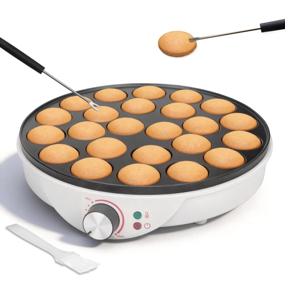 Mailand Electric 24-Hole Dutch Pancake Maker, 24 Slots Poffertjes Maker Pan, Brush & Forks Included, White