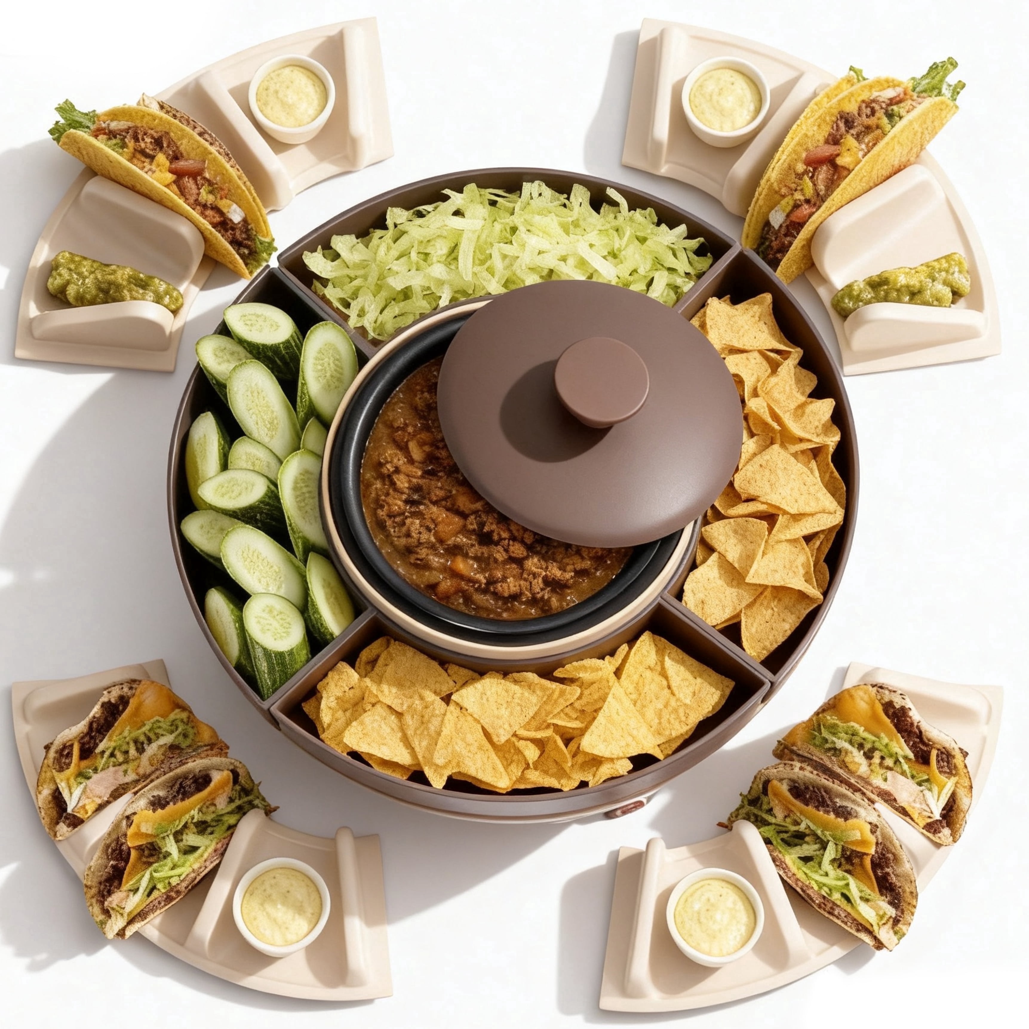 Mailand Taco Bar with 4 Taco Holders, Tortilla Warmer, Detachable Lazy Susan Tray, Taco Tuesday Night, Brown
