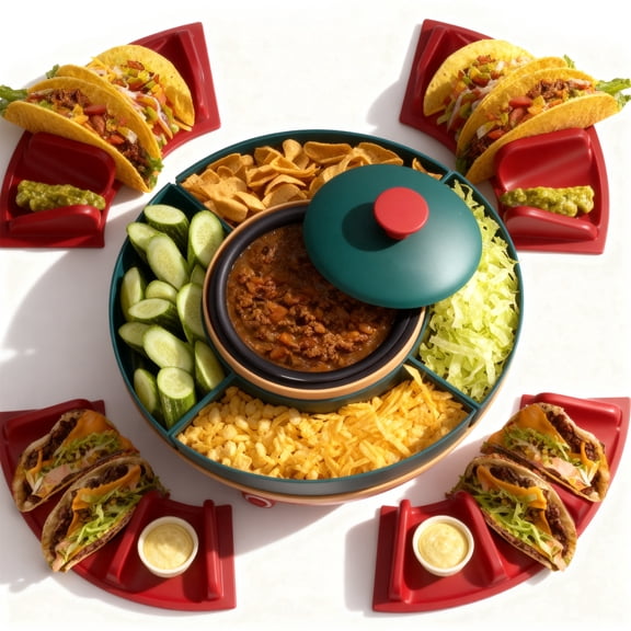 Mailand Taco Bar with 4 Taco Holders, Taco Bar Serving Set for a Party, Detachable Lazy Susan Tray, Great for Taco Tuesday Night, Dishwasher Safe, Red