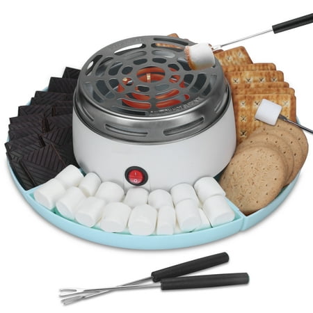 Mailand Smores Maker Tabletop Indoor Kit, Electric S'mores Maker & Marshmallow Roaster, Smores Station with 4 Compartment Trays & 4 Forks, 300W, Blue