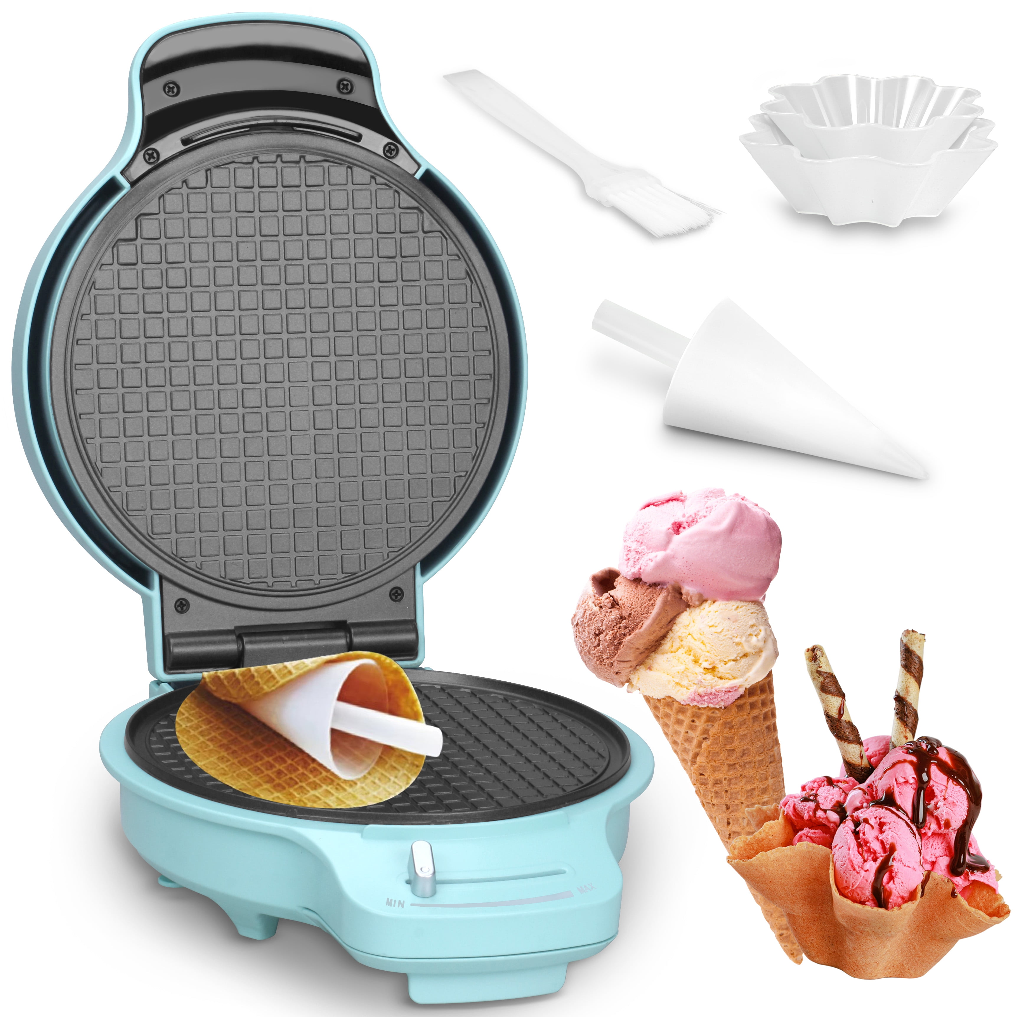 Mailand 7.5" Waffle Cone Maker Machine, Ice Cream Cone Maker for Waffle Bowl & Thin Waffle Crispy, Browning Control, 1200W, Cone Roller & Bowl Press Included, Aqua