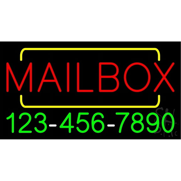 Mailbox Blue Line Phone Number LED Neon Sign 20 x 37 - inches, Black Square Cut Acrylic Backing, with Dimmer - Bright and Premium built indoor LED Neon Sign for Store interior and stroefront