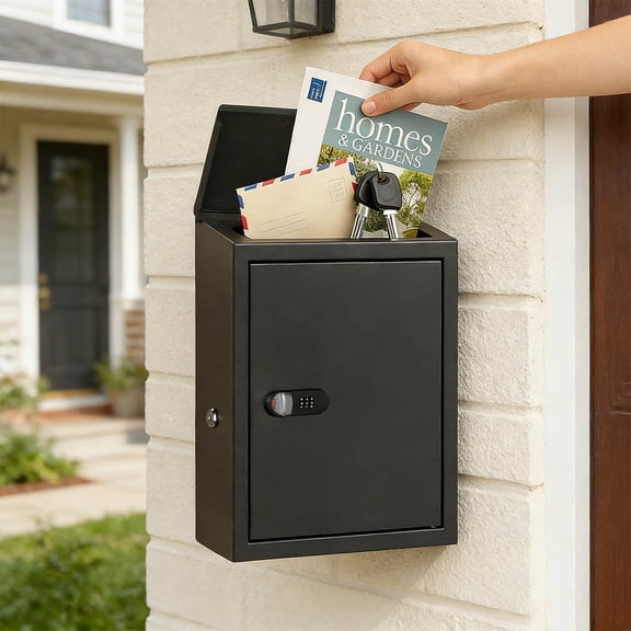 Mailbox with Combination & Key Unlock, Metal Mail Box Wall Mount, Business Key Drop Box, Locking Post Box for House, Weatherproof, Large Capacity, Black
