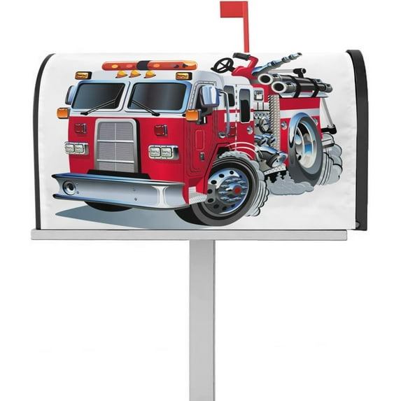 Mailbox Cover Cartoon Fire Truck Red Grey Car Mailbox Covers Magnetic Standard Size,Post Box Cover for Outdoor Garden Yard,Patriotic Firefighter Trucks on White Mailbox Wraps Mailbox Decals 21x18in