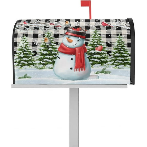 Mailbox Cover Cute Snowman Christmas Tree Cardinal Branch Mailbox Covers Magnetic Standard Size,Post Box Cover for Outdoor Garden Yard,Vintage Black Buffalo Plaid Mailbox Wraps Mailbox Decals 21x18in