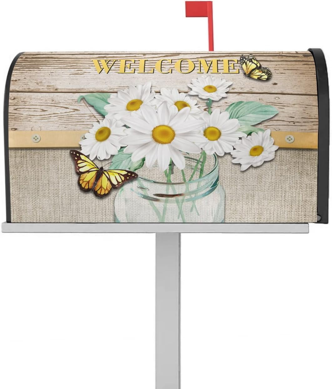 Mailbox Cover, Daisy and Butterfly Wooden Board Cotton Linen Texture Mailbox Wrap Magnetic Mailbox Covers for Garden Yard Outdoor Decoration,Farmhouse Mailbox Post Box Cover Wraps Large Size 21"x25.5"