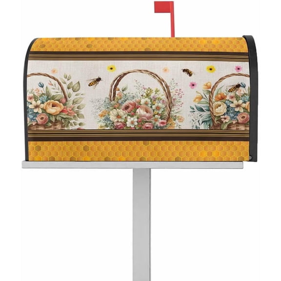 Mailbox Cover Magnetic Mailbox Wraps, Spring Summer Rose Flower with Bee Beige Mailbox Covers Large Size 18.5x21.7 Inch Mail Wrap Post Letter Box Decoration for Outdoor Gardern Yard
