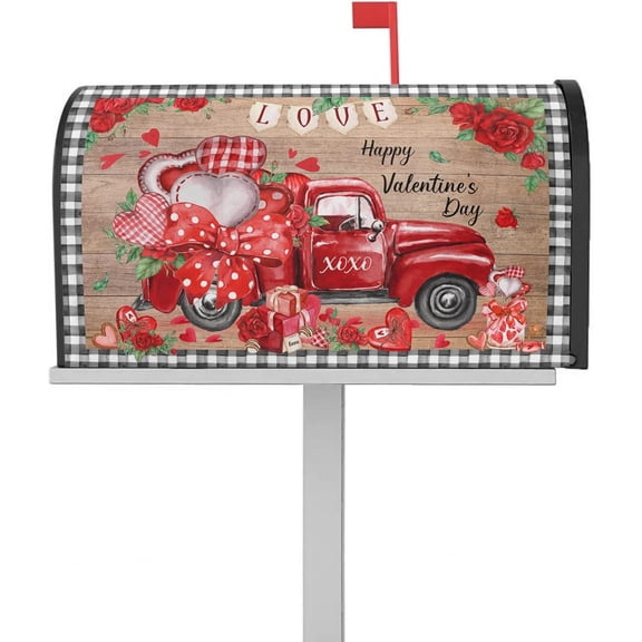Mailbox Cover Magnetic Mailbox Wraps,Valentines Truck Love Heart Rose Flowers Retro Wood Grain Black Plaid Mailbox Covers Standard Size 18x21 Inch Mail Wrap Post Box Decor for Outdoor Gardern Yard