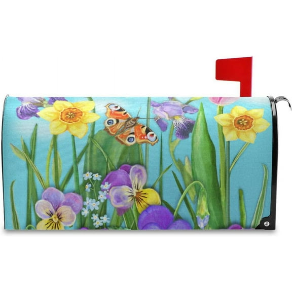 Mailbox Cover Magnetic Spring Flower Dragonfly Mail Wraps Cover Magnetic 18 x 21 Inch