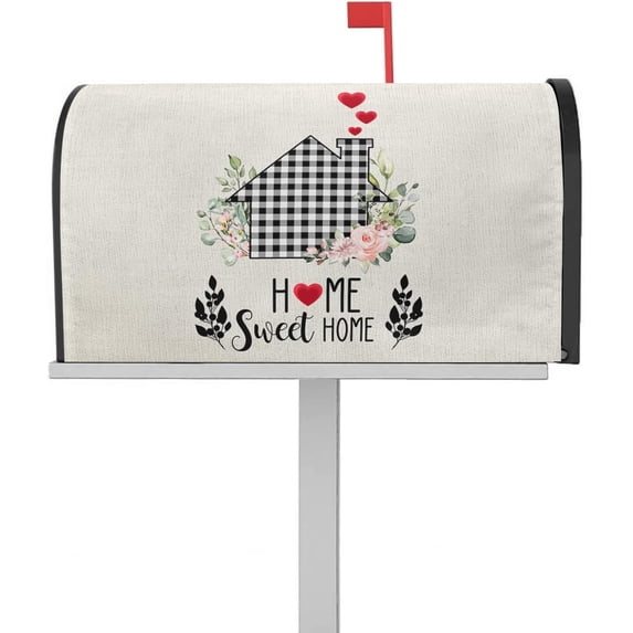 Mailbox Cover Magnetic Mailbox Wraps, Black and White Plaid Sweet Home Floral Burlap Texture Mailbox Covers Standard Size 18x21 Inch Mail Wrap Post Letter Box Decoration for Outdoor Gardern Yard