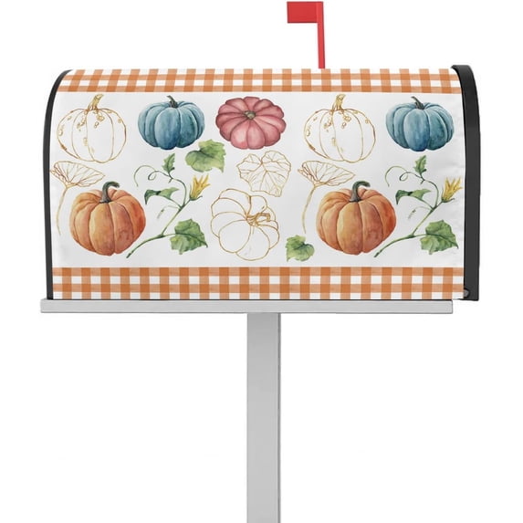 Mailbox Cover Magnetic Mailbox Wraps, Thanksgiving Fall Watercolor Blue Pumpkin Orange Plaid Mailbox Covers Standard Size 18x21 Inch Mail Wrap Post Letter Box Decoration for Outdoor Gardern Yard