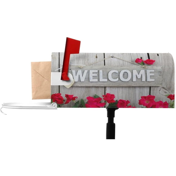 Mailbox Cover Standard Welcome Magnetic Mail Covers Wrapped Letter Post Box Perfect for Outdoor Display 21×18 Inch The Sign Hanging on Rustic Wood Fence with Flower Border of Red Roses