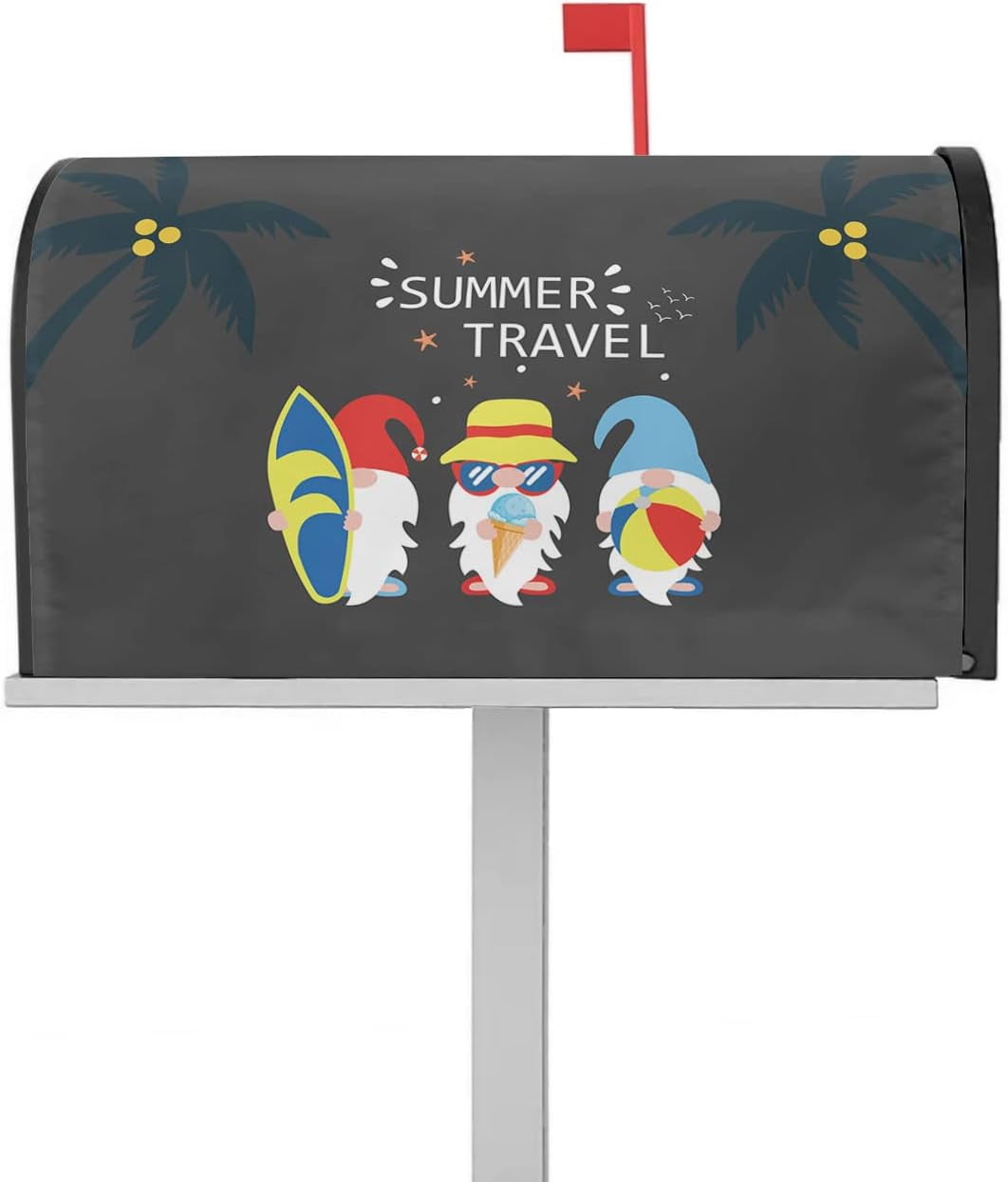 Mailbox Cover, Summer Travel Beach Dwarf with Surfboard Sunglasses Black Mailbox Wrap Magnetic Mailbox Covers for Garden Yard Outdoor Decor,Farmhouse Mailbox Post Box Cover Wraps Large Size 21"x25.5"