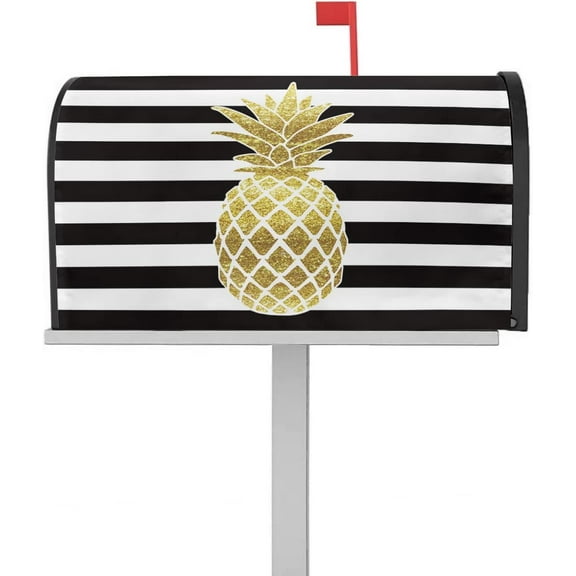 Mailbox Cover, Yellow Pineapple Black White Stripes Mailbox Wrap Magnetic Mailbox Covers for Garden Yard Outdoor Decoration,Farmhouse Home Mailbox Post Box Cover Wraps Standard Size 18"x21"