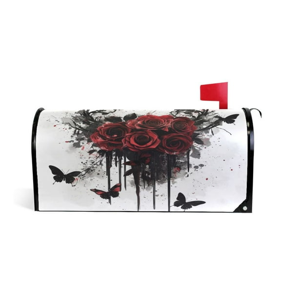 Mailbox Covers Magnetic Large Size 25.4x20.78 in Mailbox Wraps Post for Garden Yard Decor Black Butterflies and Red Roses